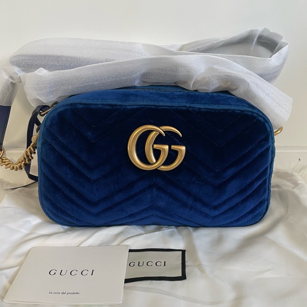 Gucci 447632 GG Marmont Shoulder Bag Matelasse Velvet Blue.